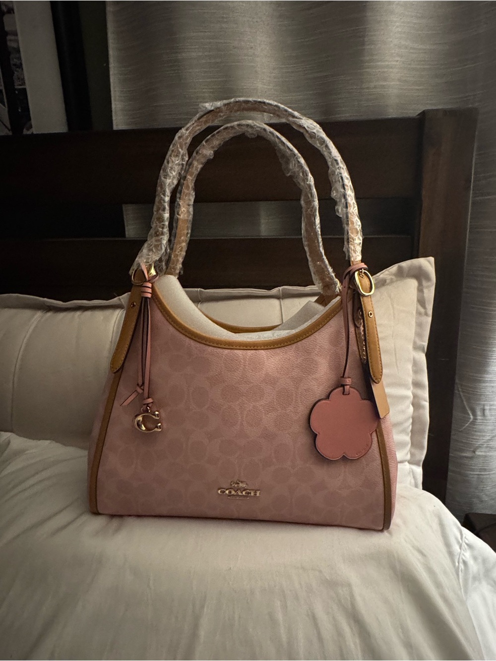 Coach Erin Powder Pink Signature Shoulder Bag with Tan Trim